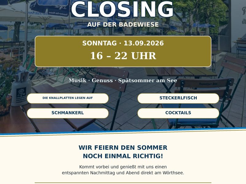 Flyer zum Summer Closing am 13. September 2026 auf der Badewiese am Augustiner am Wörthsee