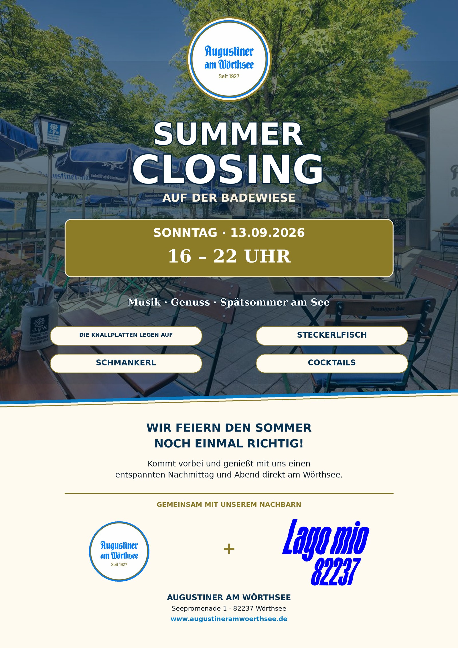 Flyer zum Summer Closing am 13. September 2026 auf der Badewiese am Augustiner am Wörthsee
