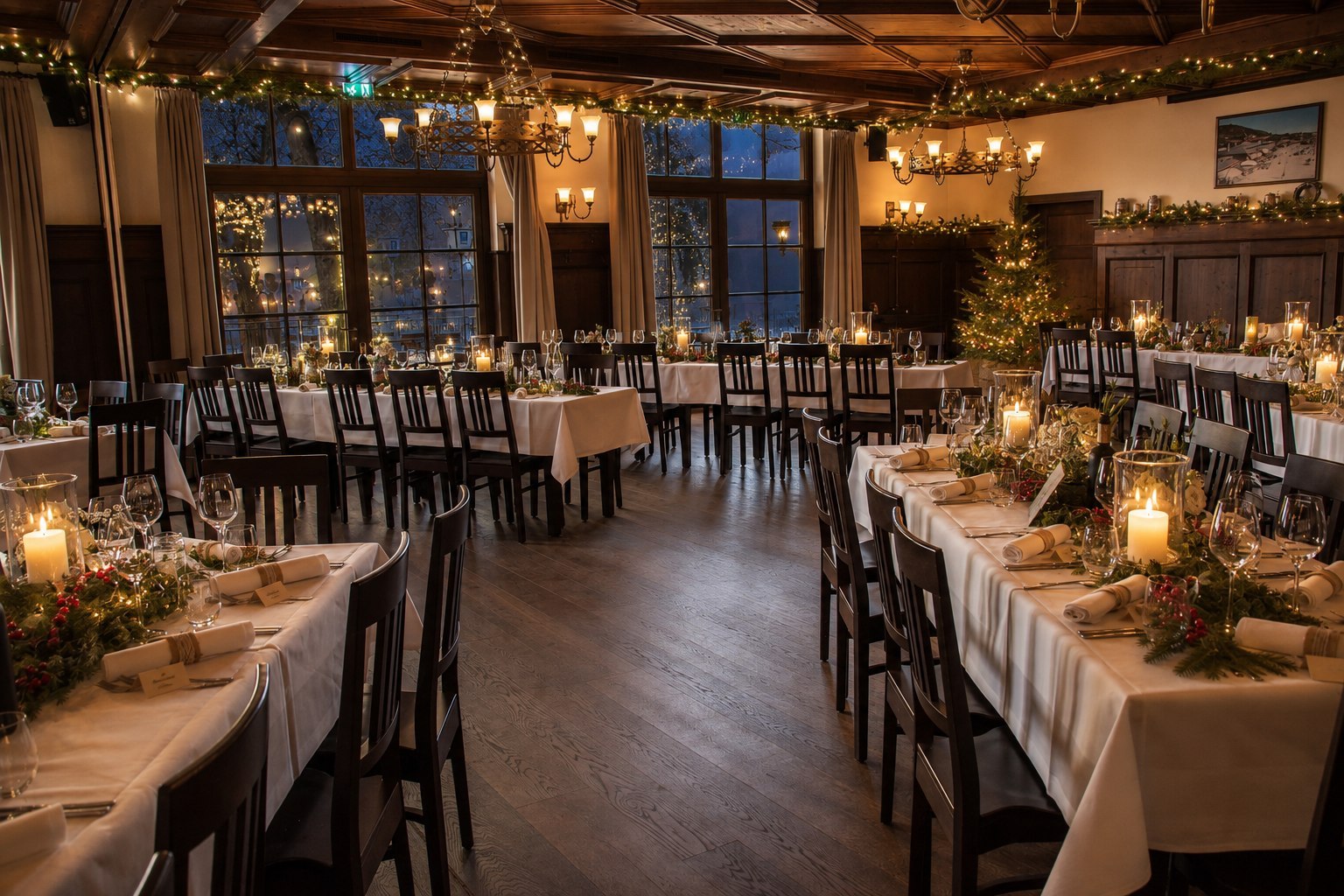 Festlich gedeckter Saal für eine Weihnachtsfeier im Augustiner am Wörthsee